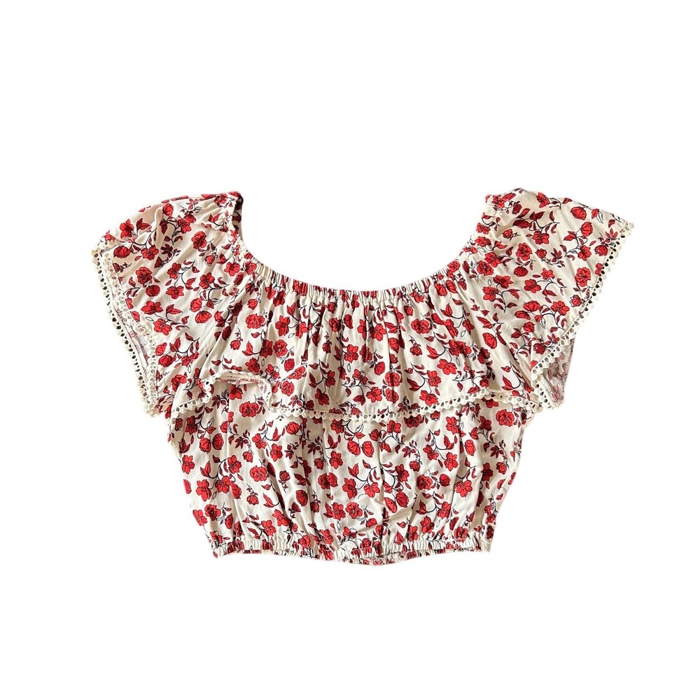 HM Divided Red Floral Off Shoulder Crop Top Ruffle Pom Pom Trim Size 2 NEW